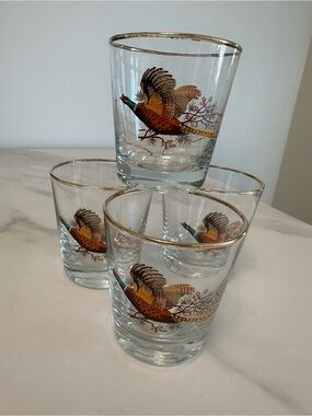Vintage Gold Rim Pheasant Low Ball Glass Tumblers in Browns- Set of 4